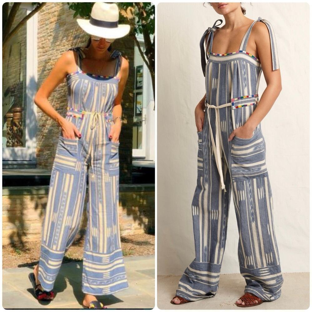 WARM Jessie Jumpsuit Boho Embroidered Striped 100% Cotton Wide Leg Romper Sz XS